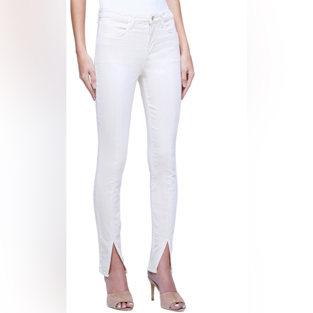 L'Agence Josie white split hem skinny high rise jeans size 28.